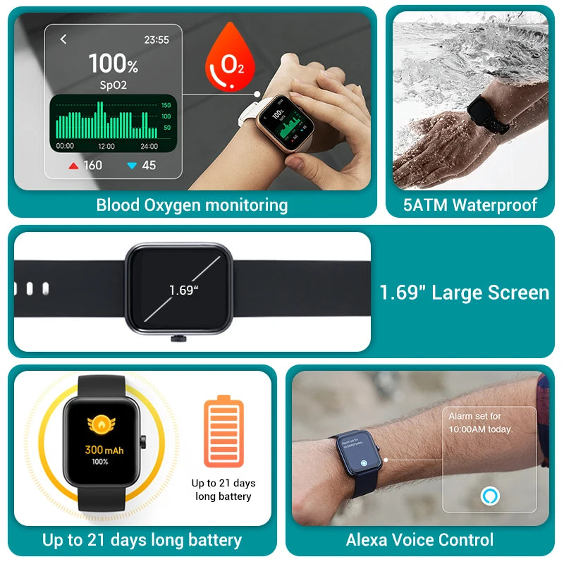 【World Premiere】Global Version Maimo Smart Watch 1.69" Blood Oxygen 10days Battery 5ATM Waterproof Alexa Voice Control Bracelet