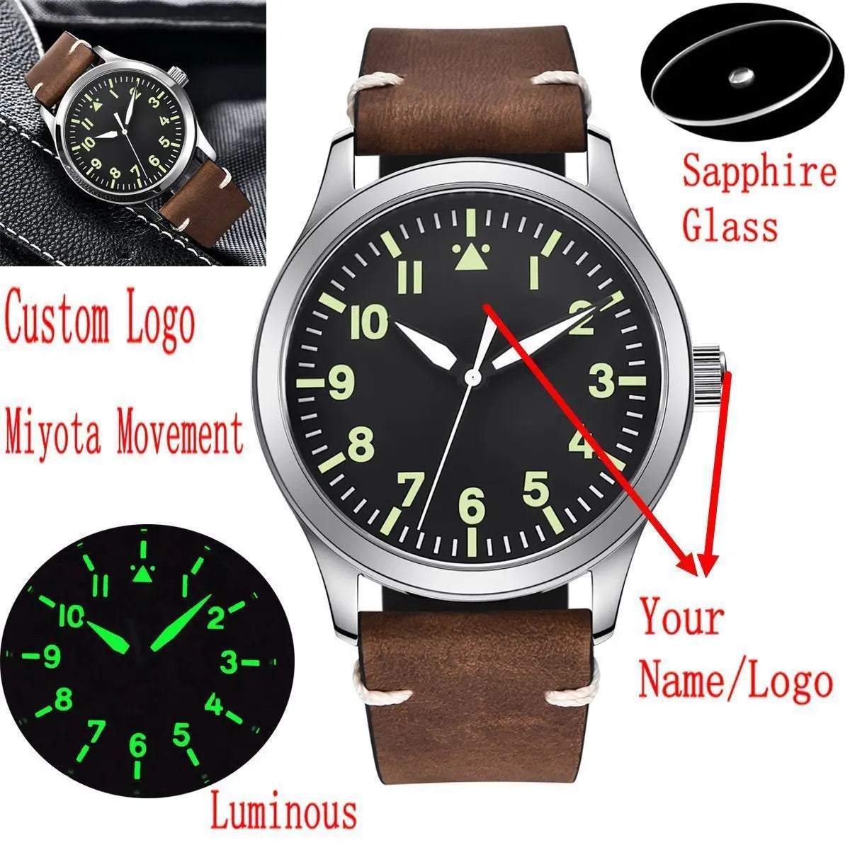 Custom Logo Sapphire Miyota Automatic Corgeut Watch 42mm Military Men Sports Sterile Dial Luminous Leather Mechanical Wristwatch