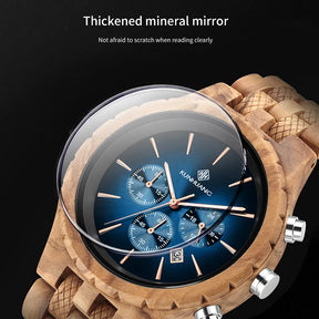 KUNHUANG Handmade Wooden Watch Multifunction Dial Mens Quartz Watch Luxury Luminous Chronograph Custom Logo relógio masculino