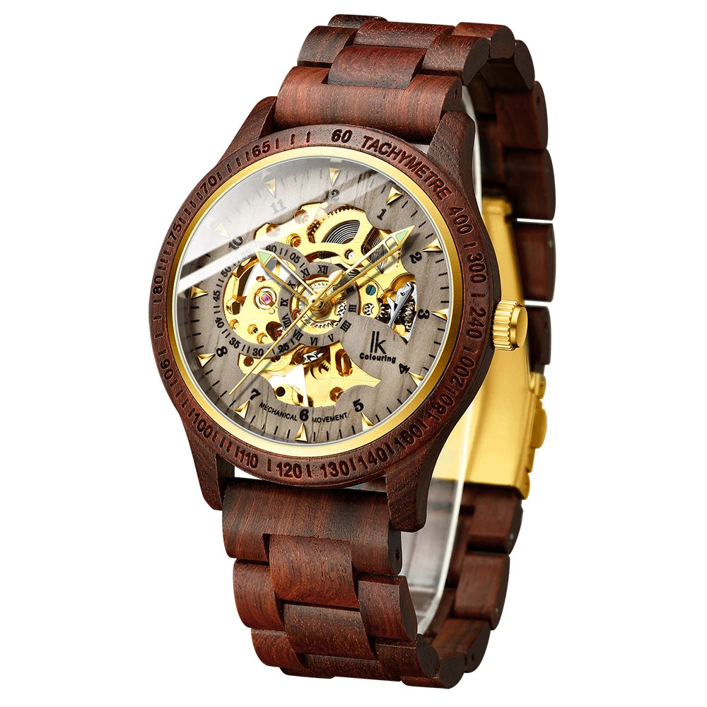 IK Colouring Top Brand Luxury Fashion Wood Mechanical Watches Men Wooden Automatic Self-Wind Wristwatches Men Skeleton Watches