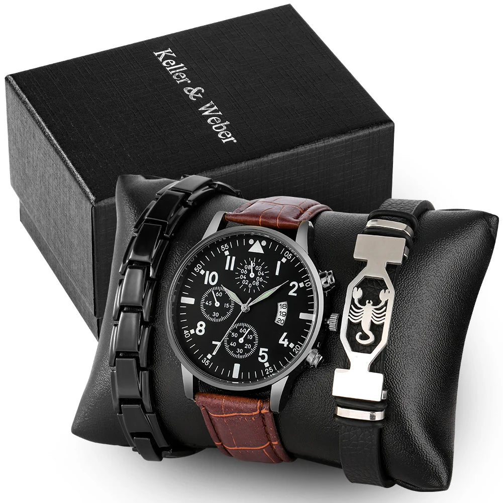 Casual Fashion Men's Quartz Calendar Leather Watch with 2 Pcs Bracelets Beautiful Creative Birthday Gift Set Box for Husband