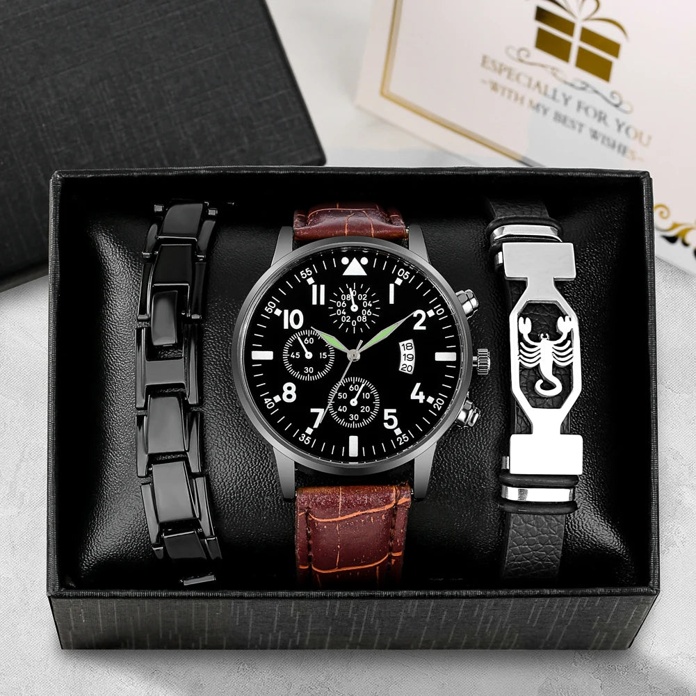 Casual Fashion Men's Quartz Calendar Leather Watch with 2 Pcs Bracelets Beautiful Creative Birthday Gift Set Box for Husband