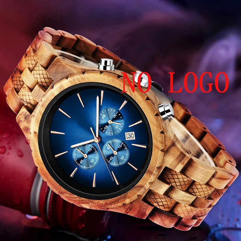 KUNHUANG Handmade Wooden Watch Multifunction Dial Mens Quartz Watch Luxury Luminous Chronograph Custom Logo relógio masculino