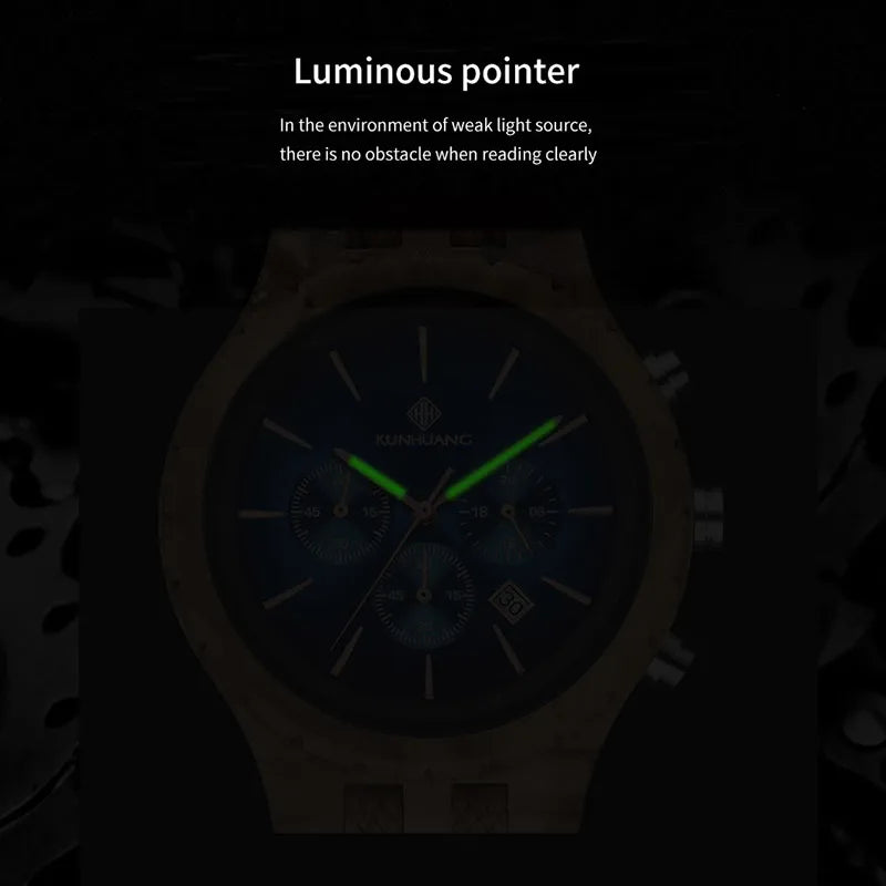 KUNHUANG Handmade Wooden Watch Multifunction Dial Mens Quartz Watch Luxury Luminous Chronograph Custom Logo relógio masculino