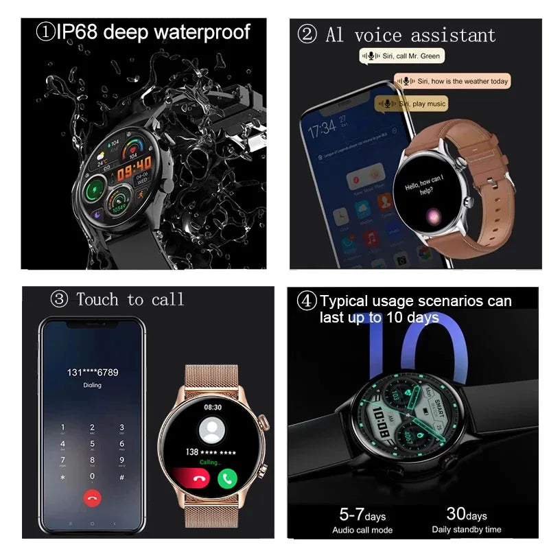 KAVSUMI Smartwatch Women AMOLED HD Screen Always On Display Bluetooth Call IP68 Waterproof NFC Smart Men Watch For Android ios