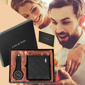 Casual Men's Watch Gift Set with Box Minimalist Quartz Leather Wristwatches for Men Utility Black Wallet Beautiful Gifts to Dad