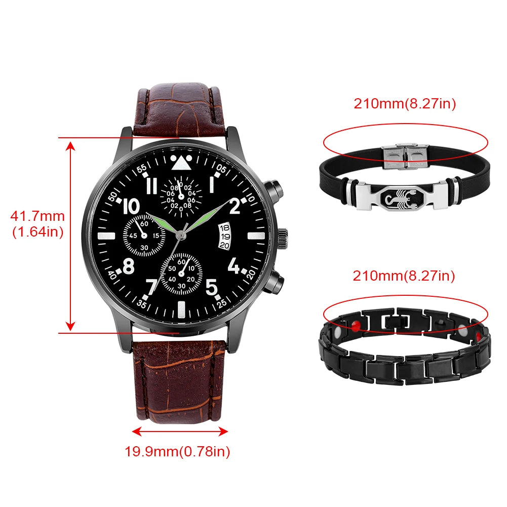 Casual Fashion Men's Quartz Calendar Leather Watch with 2 Pcs Bracelets Beautiful Creative Birthday Gift Set Box for Husband