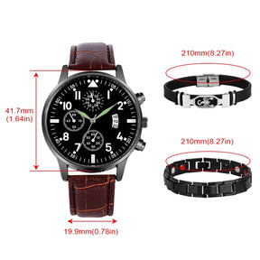 Casual Fashion Men's Quartz Calendar Leather Watch with 2 Pcs Bracelets Beautiful Creative Birthday Gift Set Box for Husband