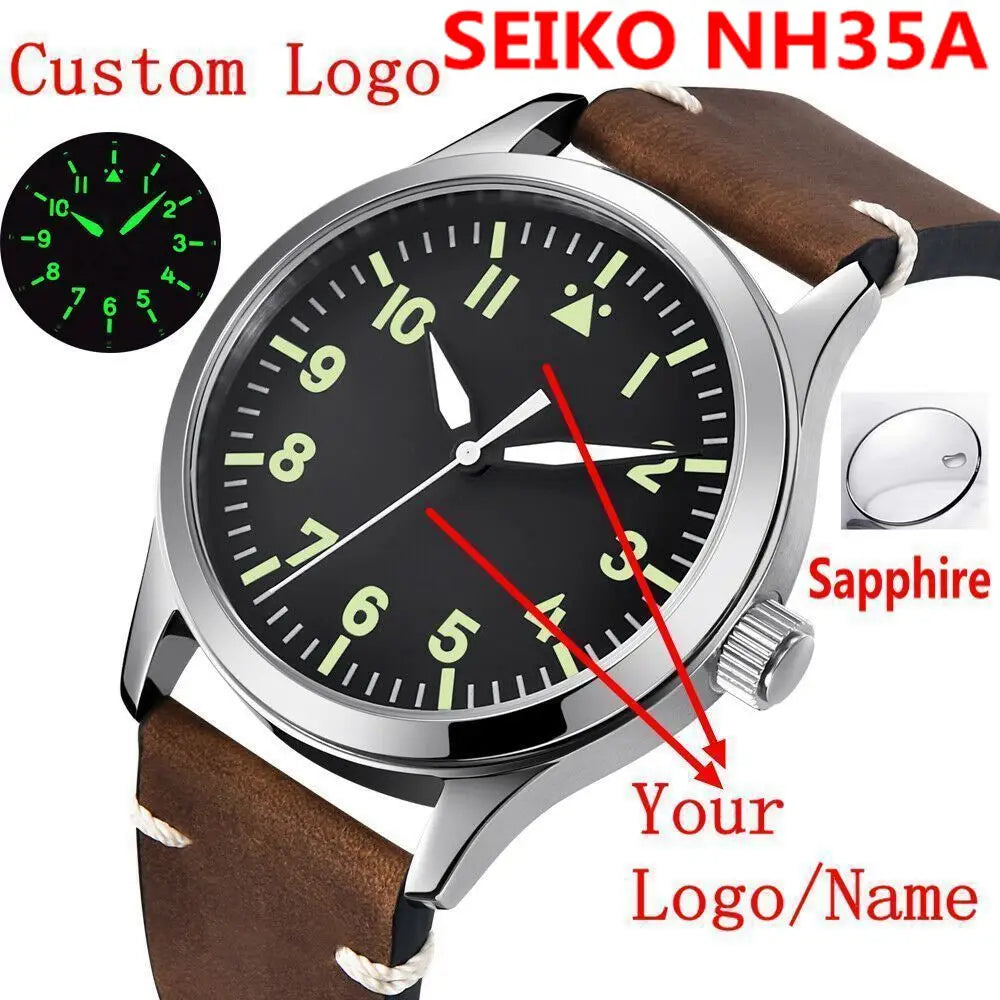 DIY Custom Logo Sapphire NH35 Watch Military Men reloj Automatic Luxury Sport Design Clock Lume Leather Mechanical Wrist Watches