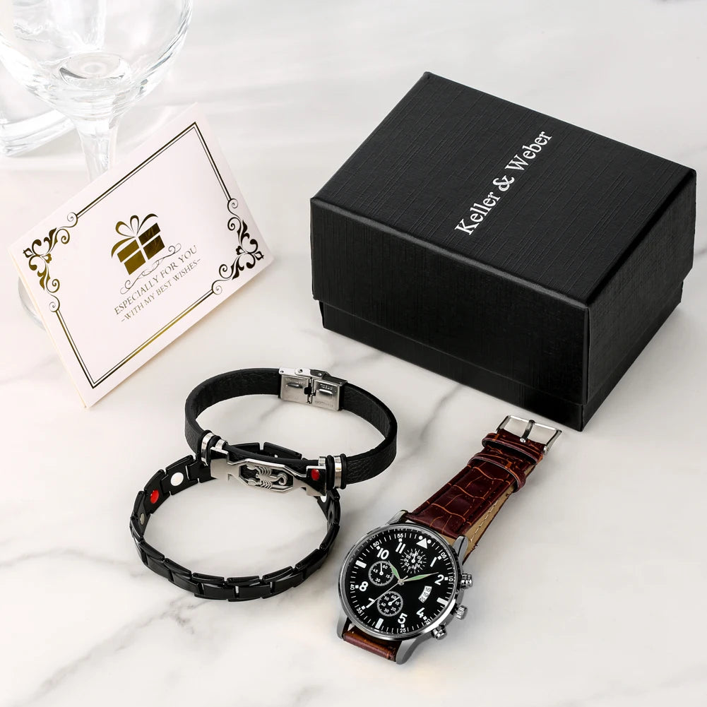 Casual Fashion Men's Quartz Calendar Leather Watch with 2 Pcs Bracelets Beautiful Creative Birthday Gift Set Box for Husband